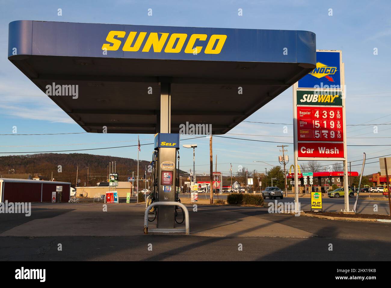 Elysburg, United States. 08th Mar, 2022. Gasoline prices are displayed