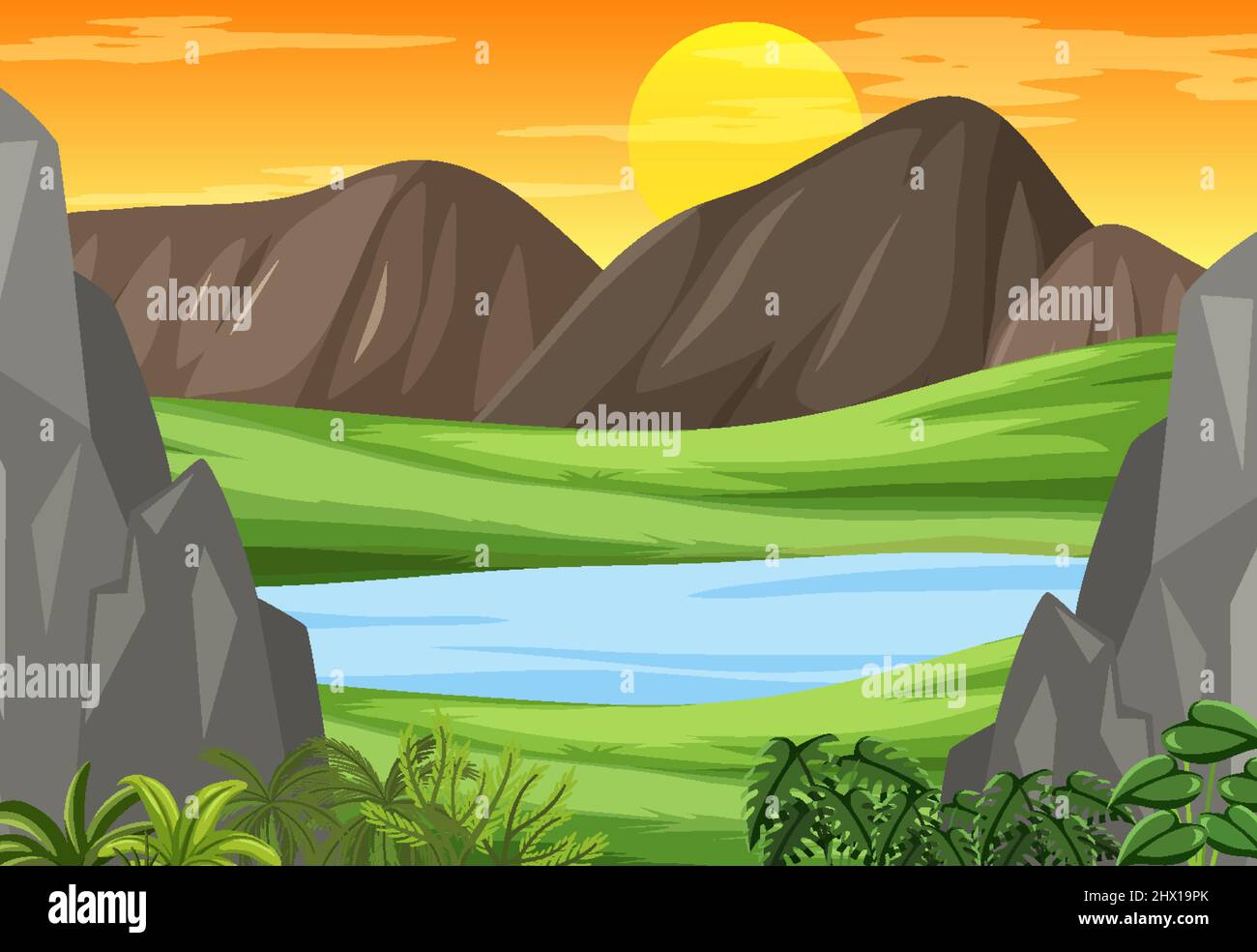 Scene with sunset in the sky illustration Stock Vector Image & Art - Alamy