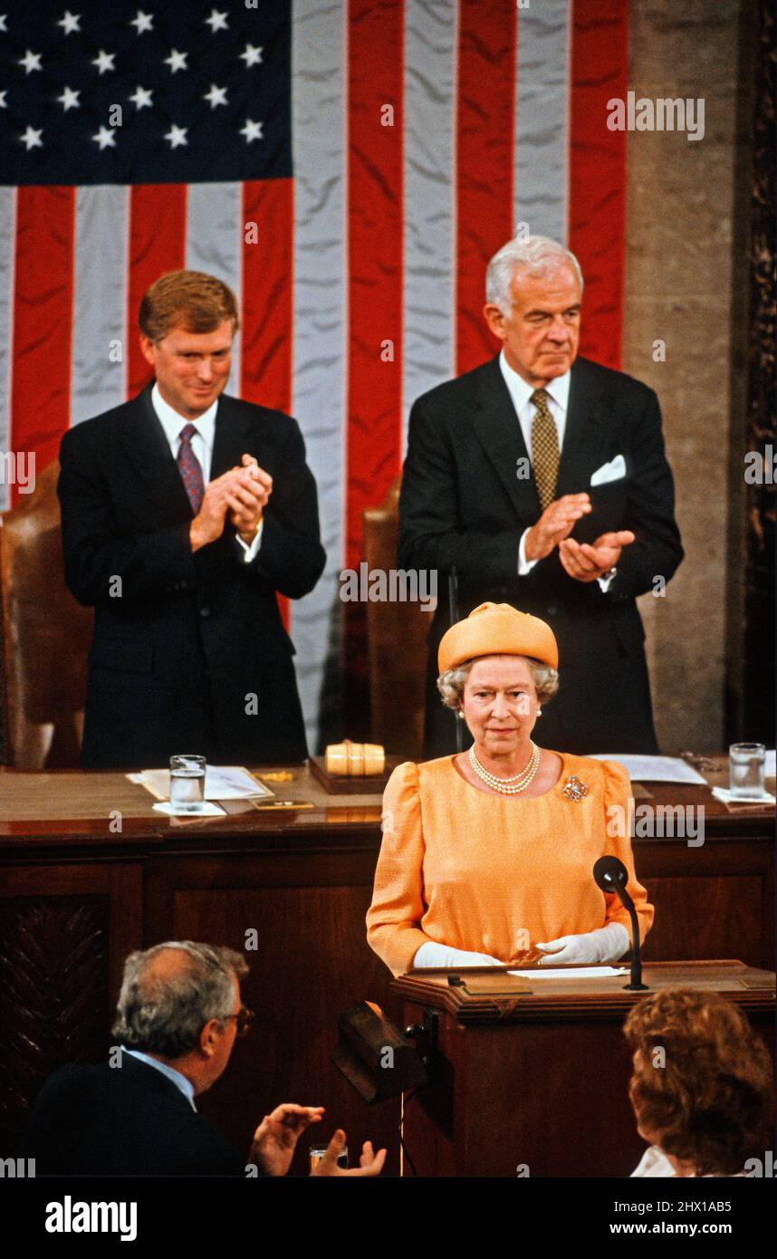 Queen Elizabeth II of Great Britain addresses a Joint Session of the United States Congress in the US House Chamber in the US Capitol during a State Visit on May 16, 1991. Seated in the rear are US Vice President Dan Quayle, left and Speaker of the United States House of Representatives Tom Foley (Democrat of Washington), right. Credit: Dennis Brack/Pool via CNP Stock Photo