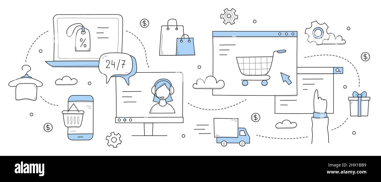 Online shopping doodle concept. Internet sale, purchase via 