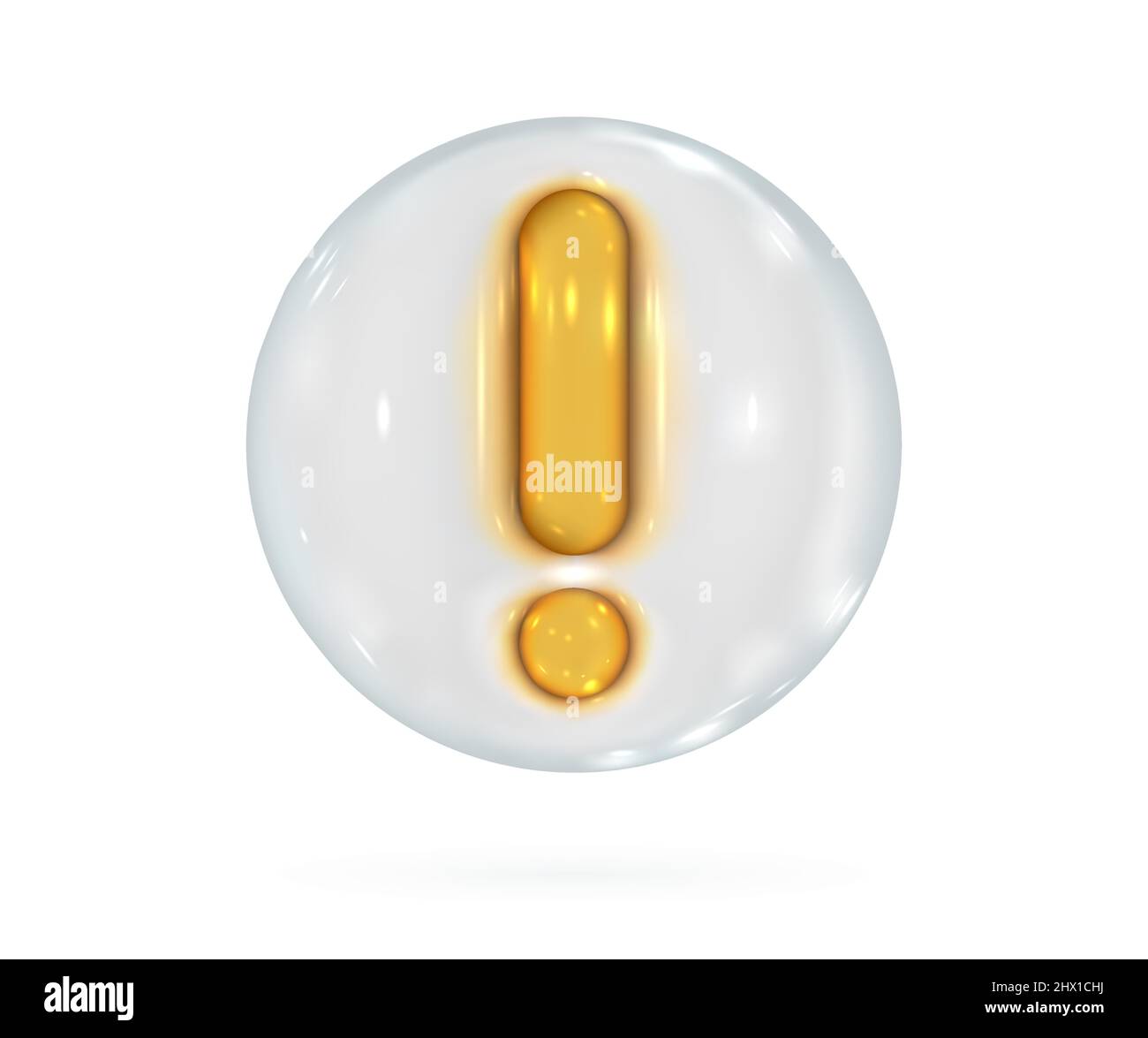 3d warning icon. Yellow exclamation mark glossy glass in white bubble. Vector render design element. Stock Vector