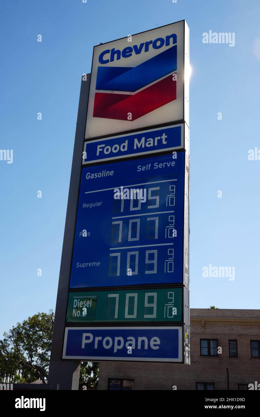 Gas prices over 7 per gallon are displayed at a Chevron Food Mart