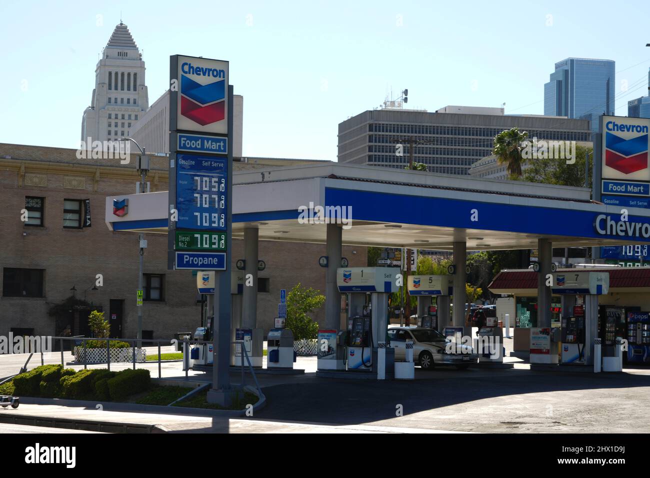 Gas prices over 7 per gallon are displayed at a Chevron Food Mart