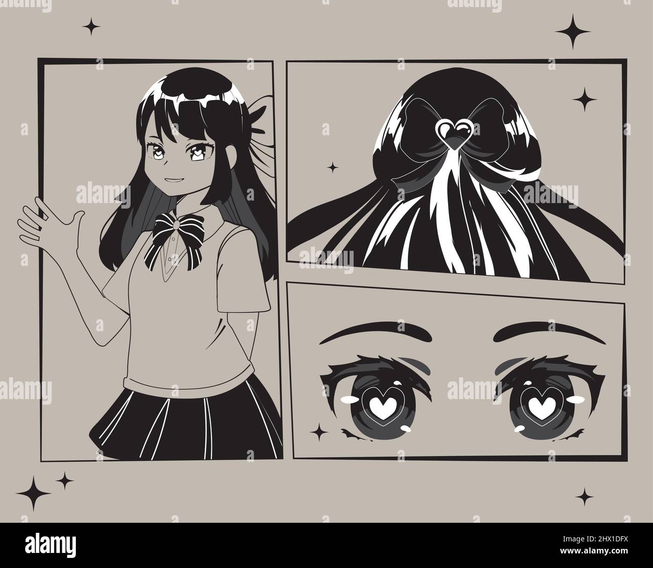pixel art set isolated uniform anime girl Stock Vector