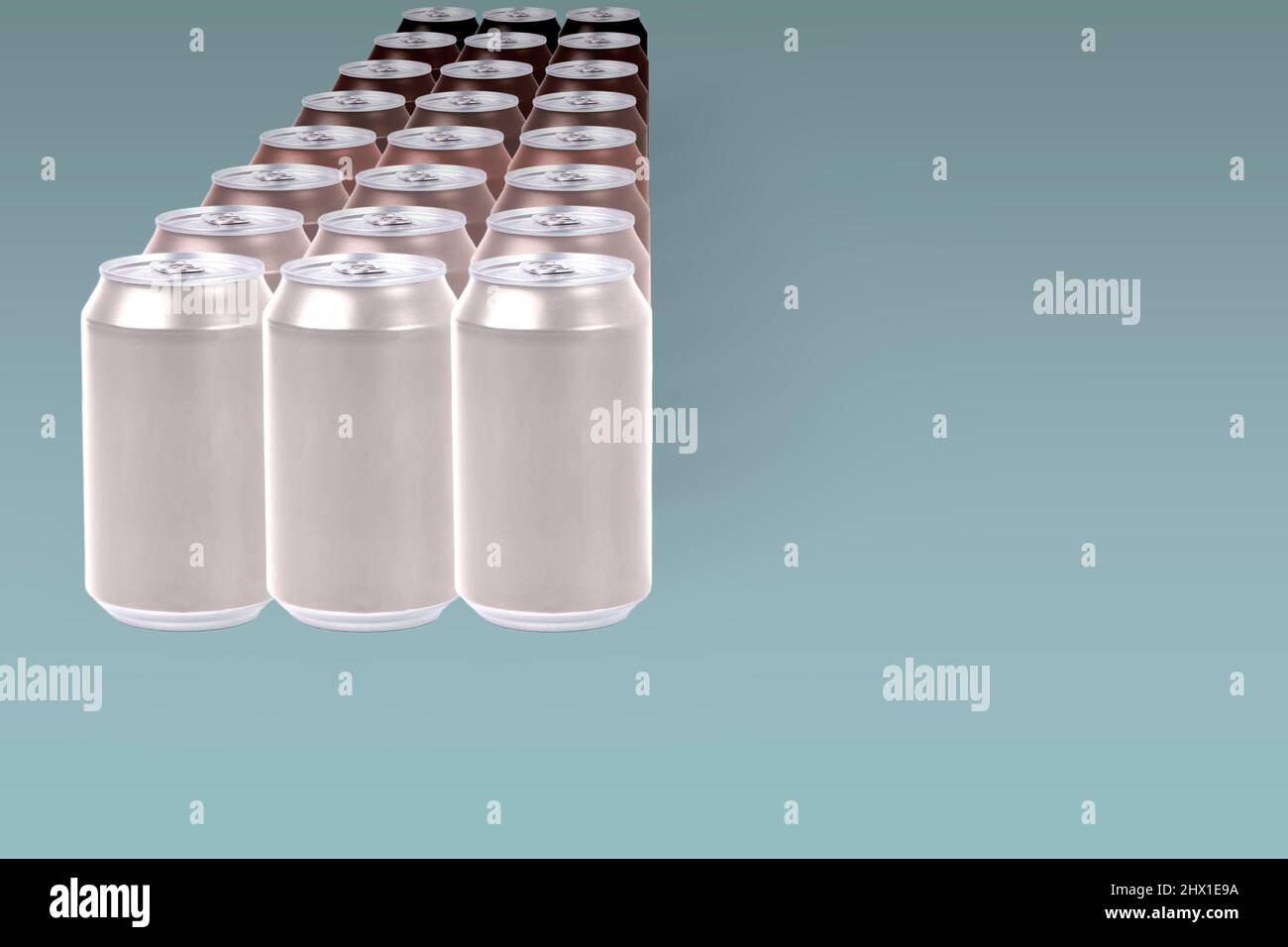 Bright aluminum cans forming a brown gradient on a sky blue background. Concept color tones. Brown color gradient Stock Photo