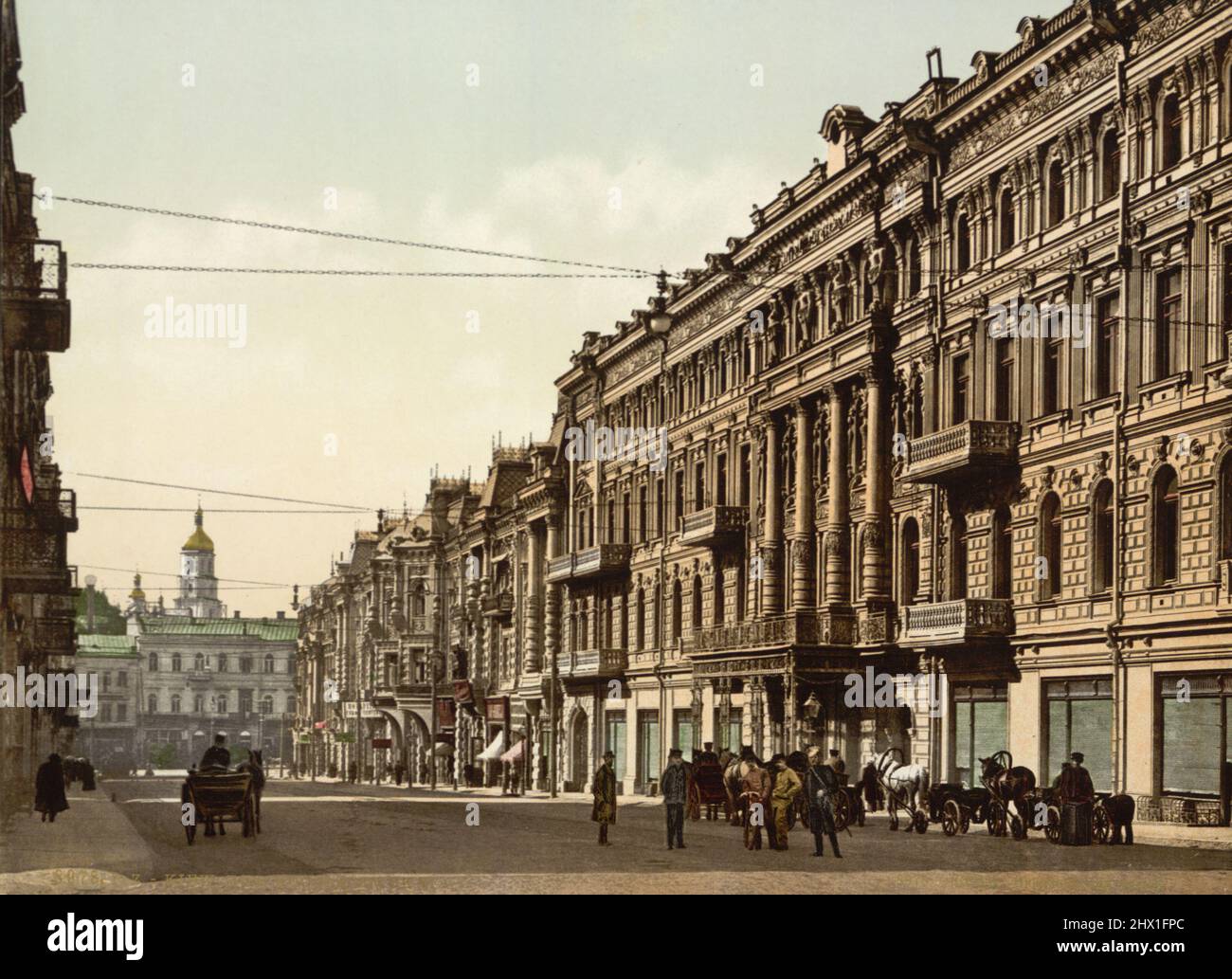 Vintage polychrom color print ca. 1890-1900 of Nikolaevskaya Street (Nicolviewskaia, Nikolaevskaia) in Kiev (Kyiv), Ukraine Stock Photo