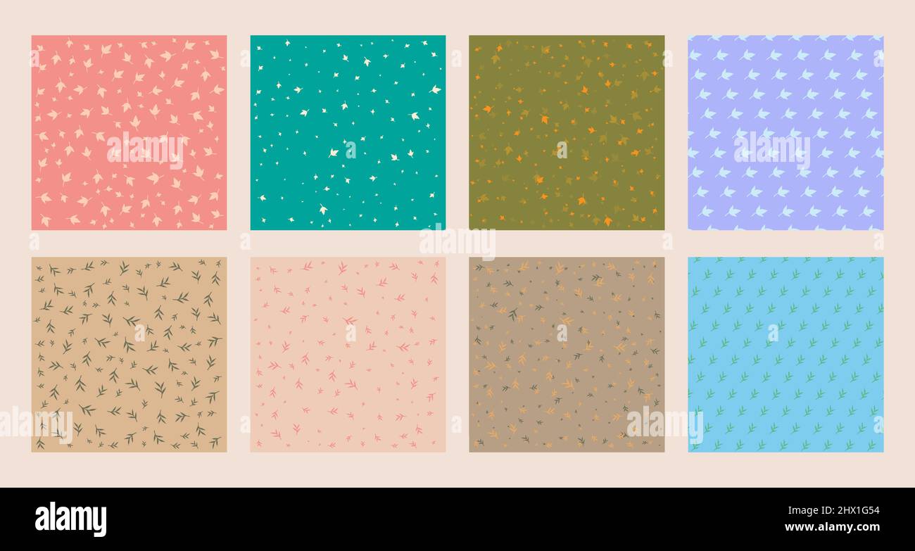 Set collection of bamboo tree leaf seamless pattern in multicolored background. Vector illustration Stock Vector