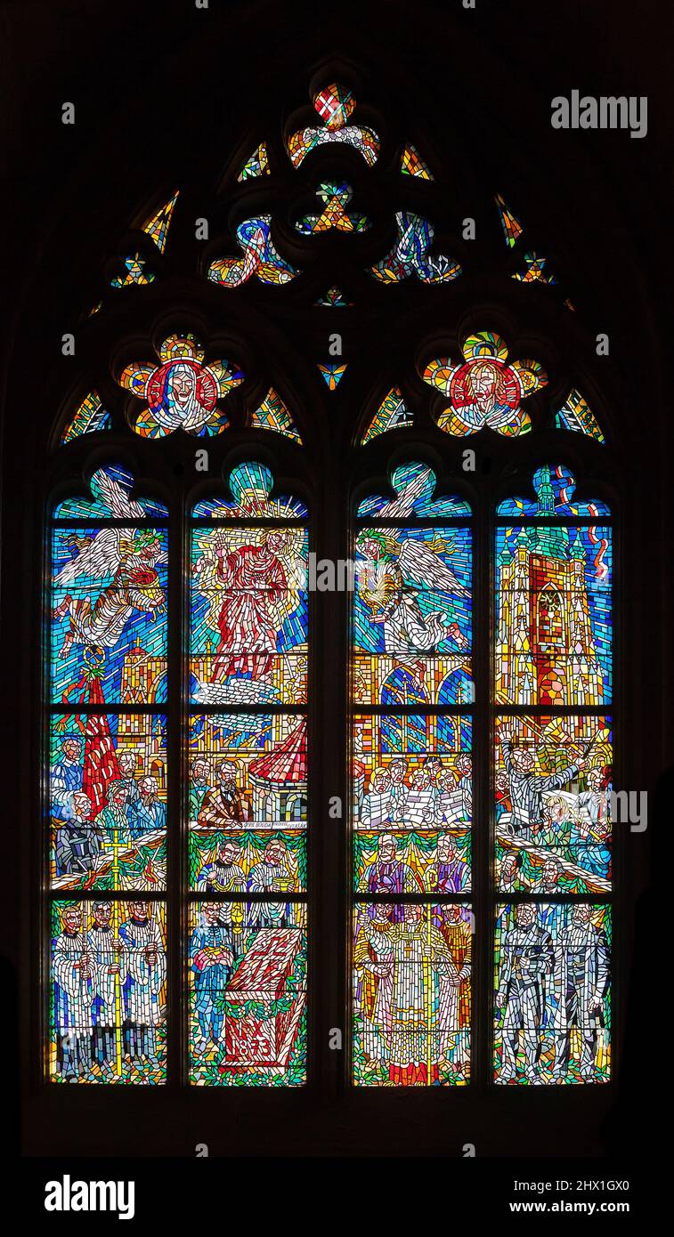 PRAGUE, CZECH REPUBLIC - FEBRUARY 19, 2015 - Stained-glass window in St Vitus Cathedral Stock Photo