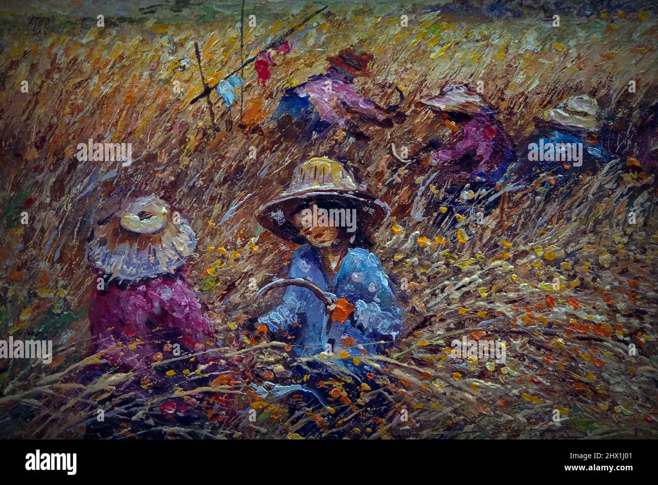 Art painting Oil color Harvest Rice , Countryside in the provinces Thailand on canvas Stock Photo