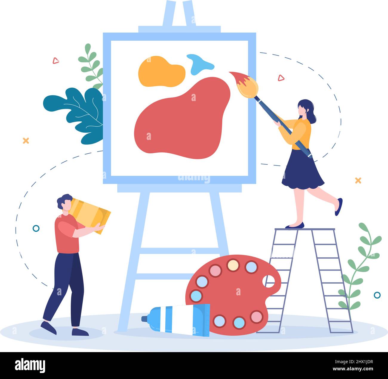 Painting Flat Illustration with Someone who Paints using Easel, Canvas