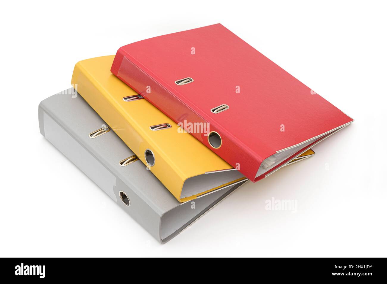 Yellow, gray and red office folder on white background. Stock Photo