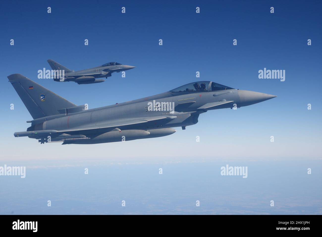 Air defense fighters during an air to air photoshoot (QRA), German Air Force Eurofighter Stock Photo