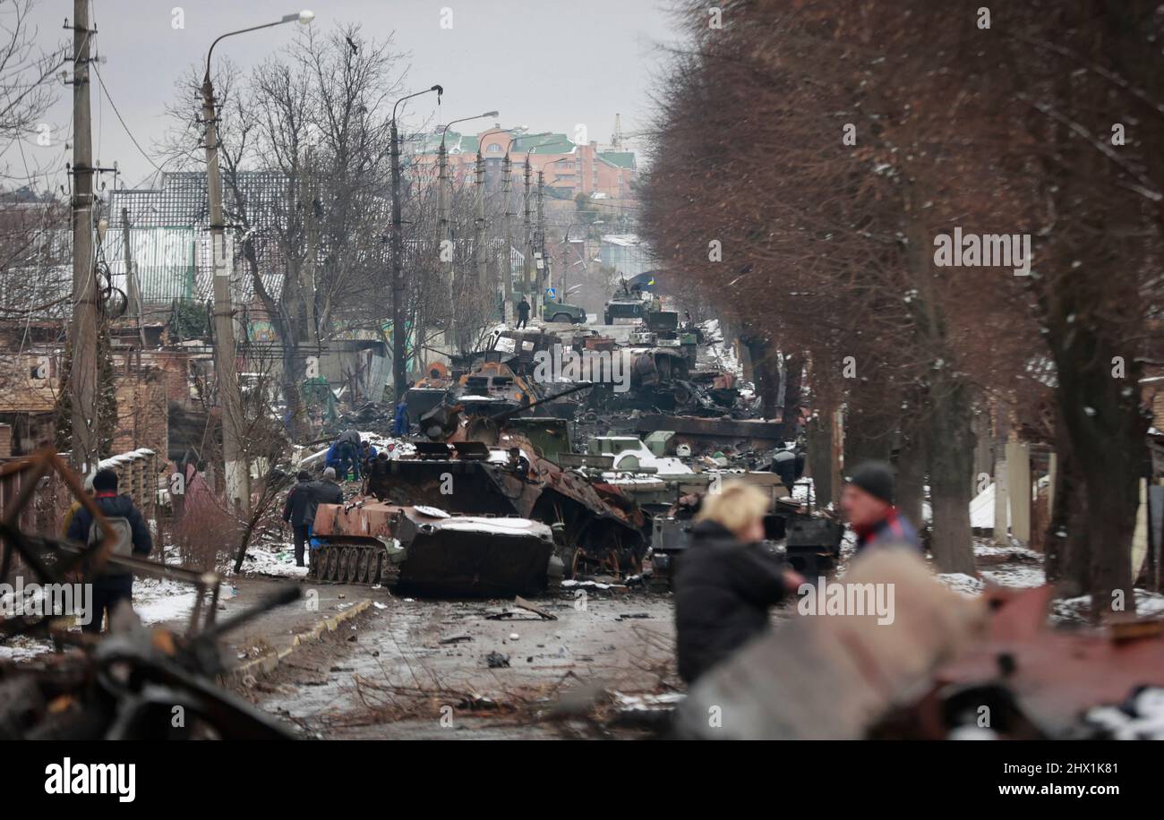 BUCHA, UKRAINE - 01 March 2022 - The remains of a Russian Army armoured column in Bucha, Ukraine on 01 March 2022 after they were attacked by Ukranian Stock Photo