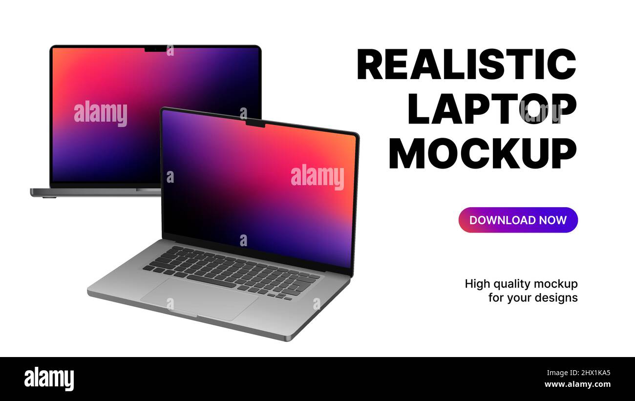Two Blank Laptops Rotated and Front View. Realistic Device Mockups on White Background. Vector illustration Stock Vector