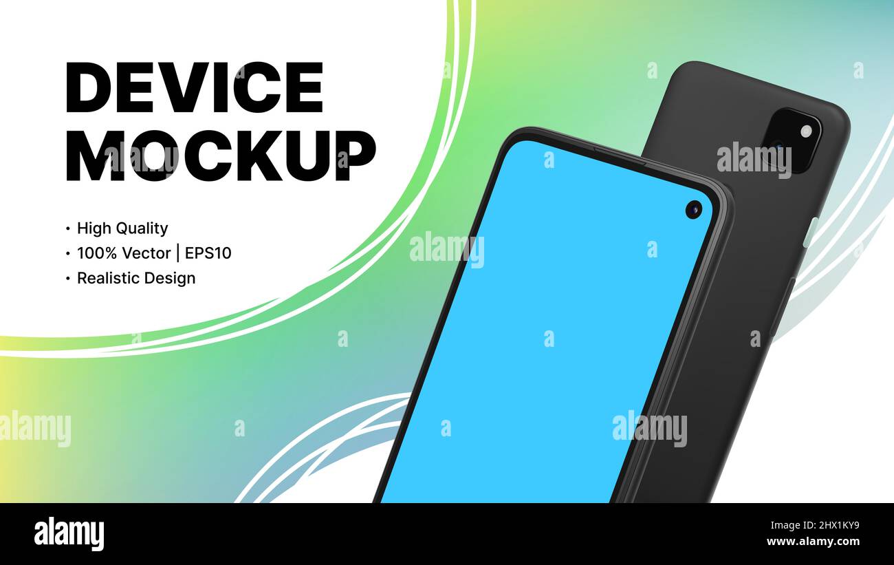 Smartphone Mockup, Front and Back View, Editable Devices on Green Gradient Background. Vector illustration Stock Vector