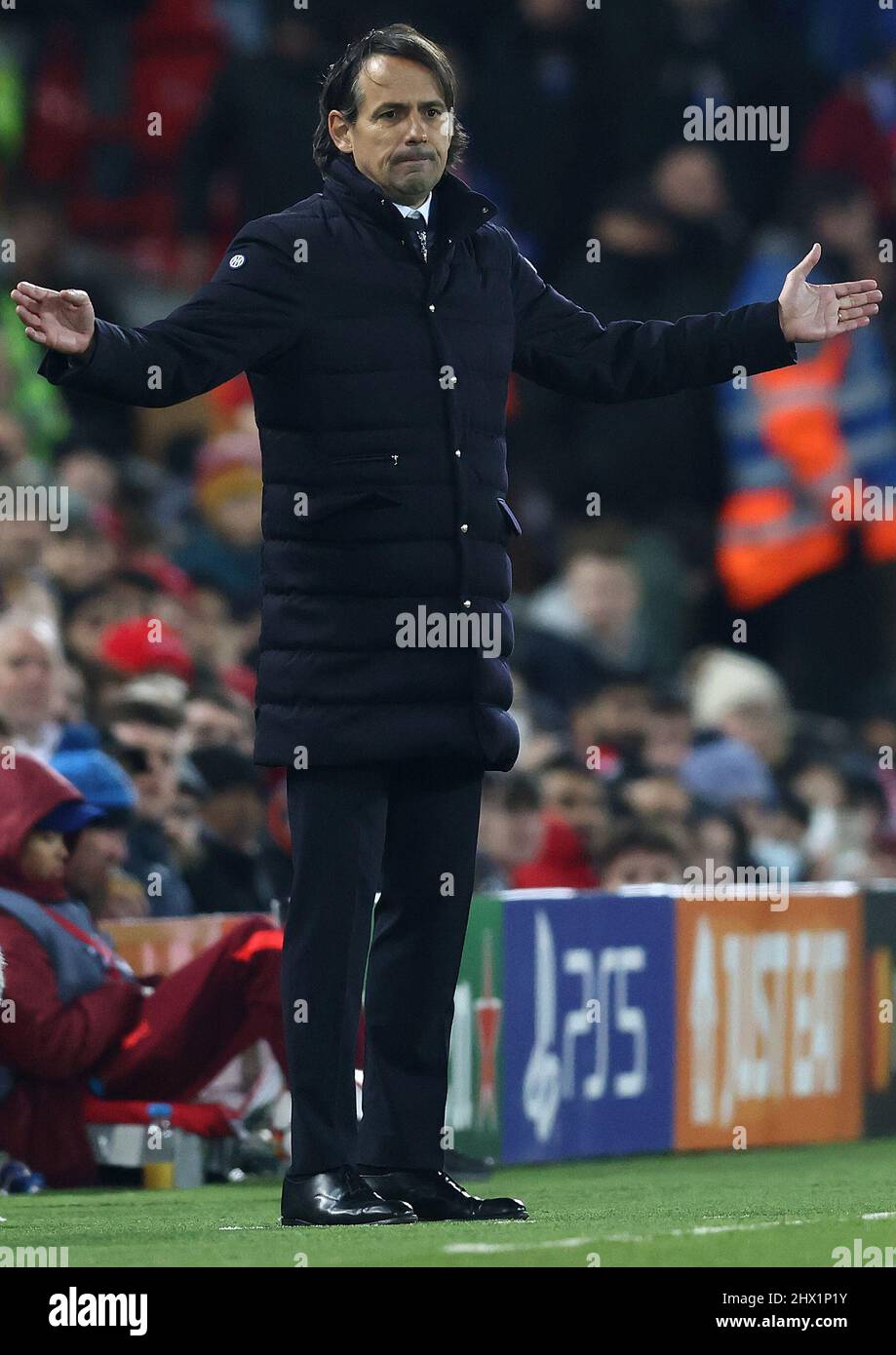 Liverpool, England, 8th March 2022.    Internazionale coach Simone Inzaghi during the UEFA Champions League match at Anfield, Liverpool. Picture credit should read: Darren Staples / Sportimage Stock Photo