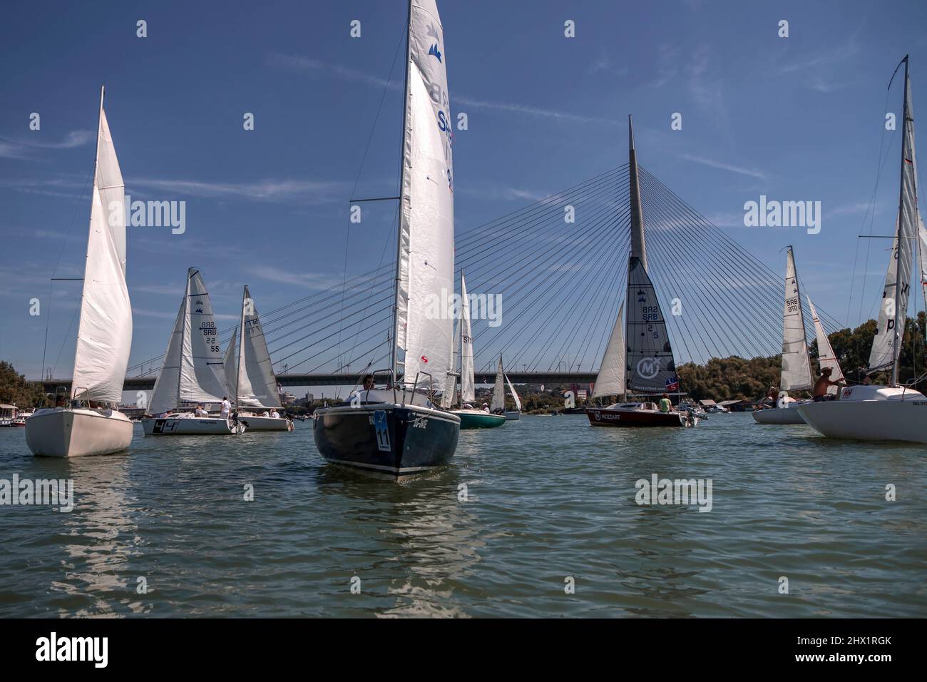 Belgrade, Serbia, Aug 18, 2019: Three-person teams competing in Micro Class sailing regatta on Sava River Stock Photo