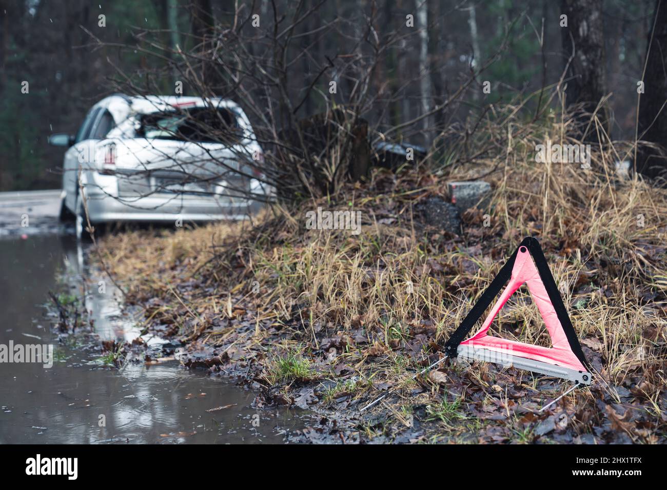 Accident collision of a family suv during monsoon in Poland . High quality photo Stock Photo