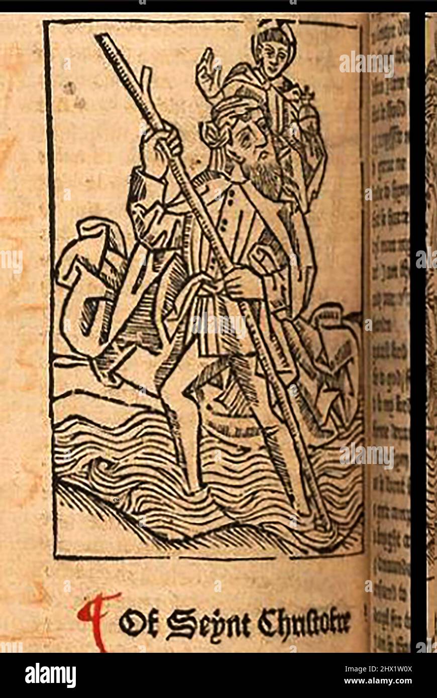 15th century woodcut showing Saint  St Christopher carrying the infant Jesus Christ printed by William Caxton ( 1422-1491/92) in his translation of  'The Golden Legend' or  'Thus endeth the legende named in Latyn legenda aurea that is to saye in Englysshe the golden legende' by Jacobus, de Voragine, (Circa 1229-1298). Stock Photo