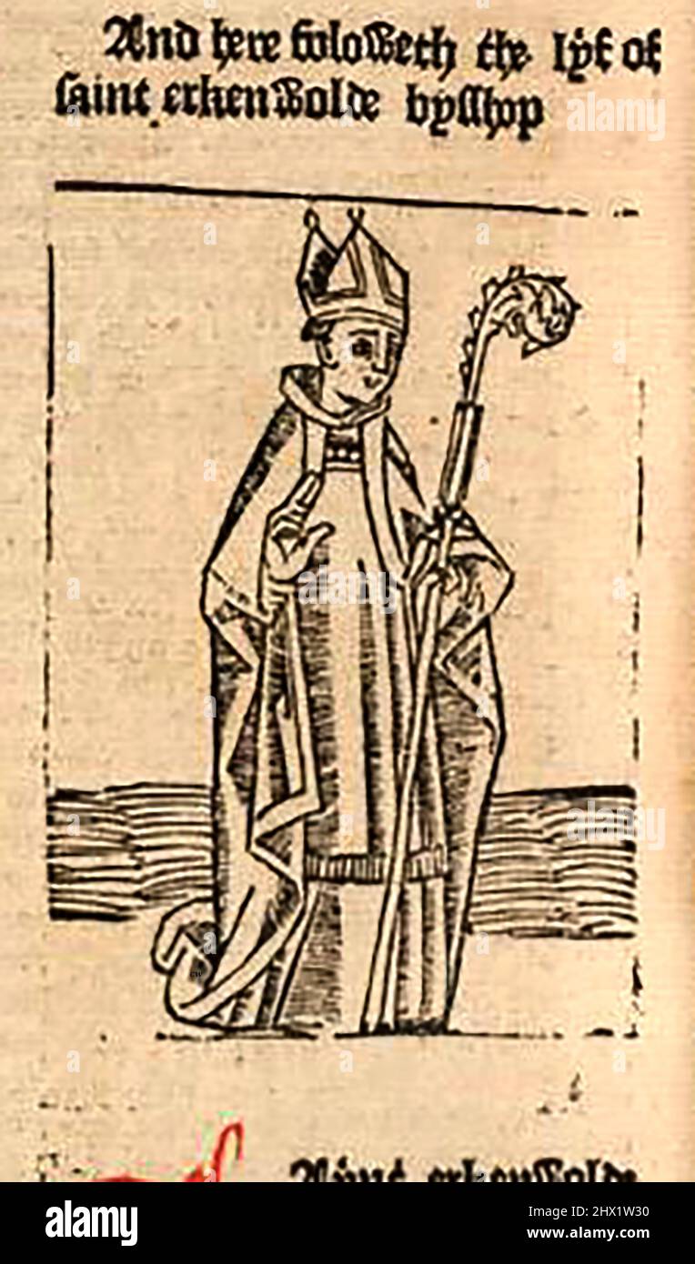 15th century woodcut showing Saint  Earconwald or Erkenwald, Bishop of London as printed by William Caxton ( 1422-1491/92) in his translation of  'The Golden Legend' or  'Thus endeth the legende named in Latyn legenda aurea that is to saye in Englysshe the golden legende' by Jacobus, de Voragine, (Circa 1229-1298). Stock Photo