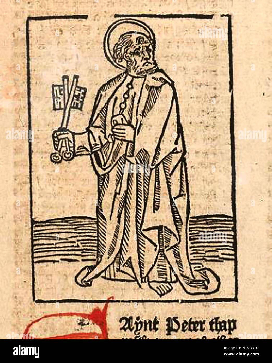 15th century woodcut showing Saint Peter with his keys as printed by William Caxton ( 1422-1491/92) in his translation of  'The Golden Legend' or  'Thus endeth the legende named in Latyn legenda aurea that is to saye in Englysshe the golden legende' by Jacobus, de Voragine, (Circa 1229-1298). Stock Photo