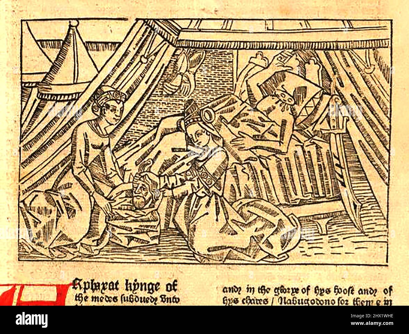 15th century woodcut showing the placing of the head of St John the Baptist in a bag  as printed by William Caxton ( 1422-1491/92) in his translation of  'The Golden Legend' or  'Thus endeth the legende named in Latyn legenda aurea that is to saye in Englysshe the golden legende' by Jacobus, de Voragine, (Circa 1229-1298). Stock Photo