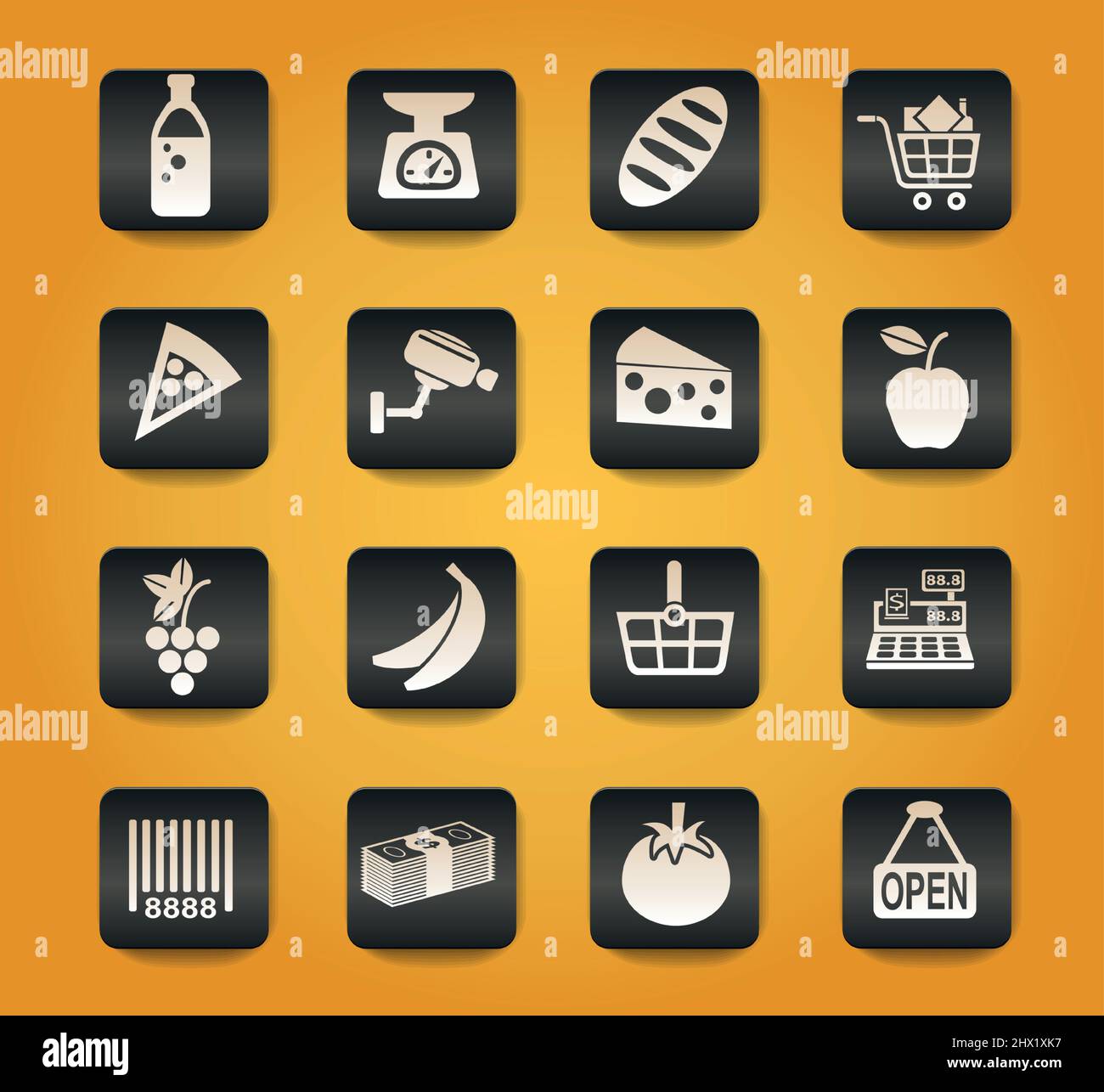 grocery store symbols on black buttons on yellow background Stock