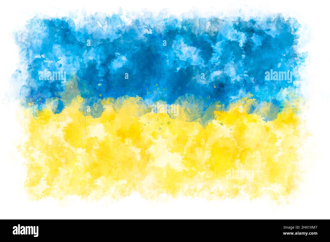 Ukrainian flag in watercolor painting abstract splatters on paper. Isolated on white. Stock Photo