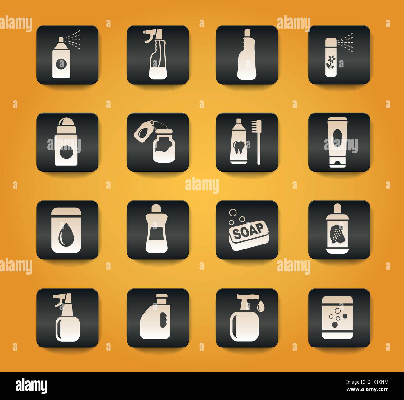 household chemicals symbols on black buttons on yellow background Stock