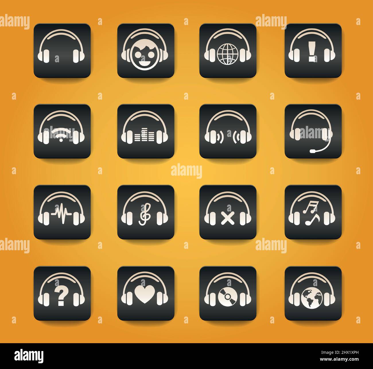 headphones symbols on black buttons on yellow background Stock Vector