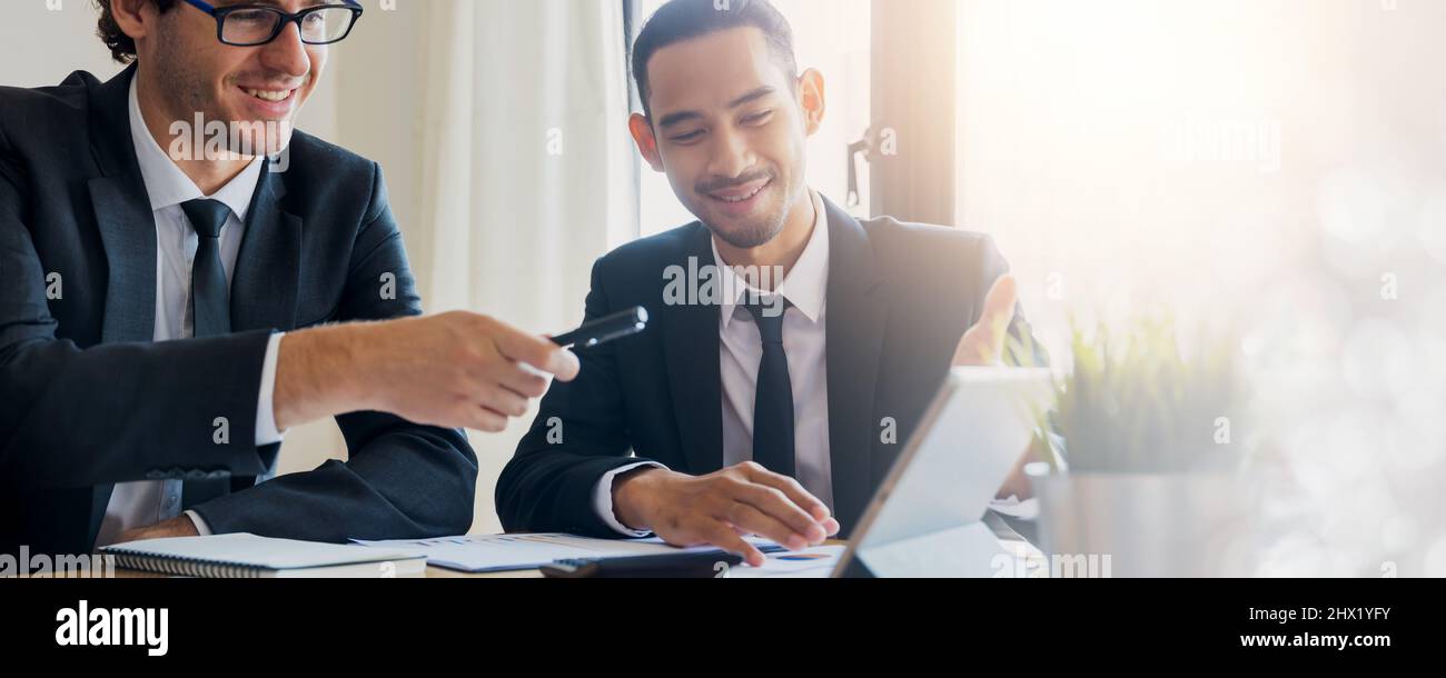 Discuss and corporate conversation to success in target, legal and businessman financial advisor, two business people talking, planning analyze invest Stock Photo
