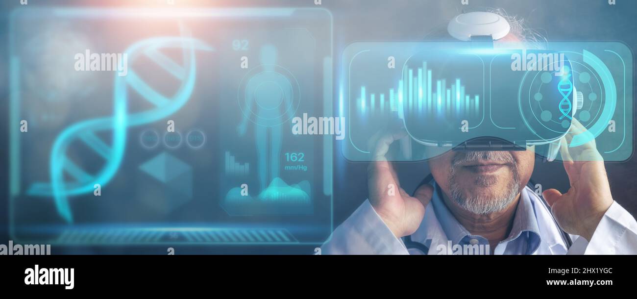 Digital medical health futuristic and global metaverse technology, doctor wearing best VR headset equipment to check internal organs patient and chrom Stock Photo