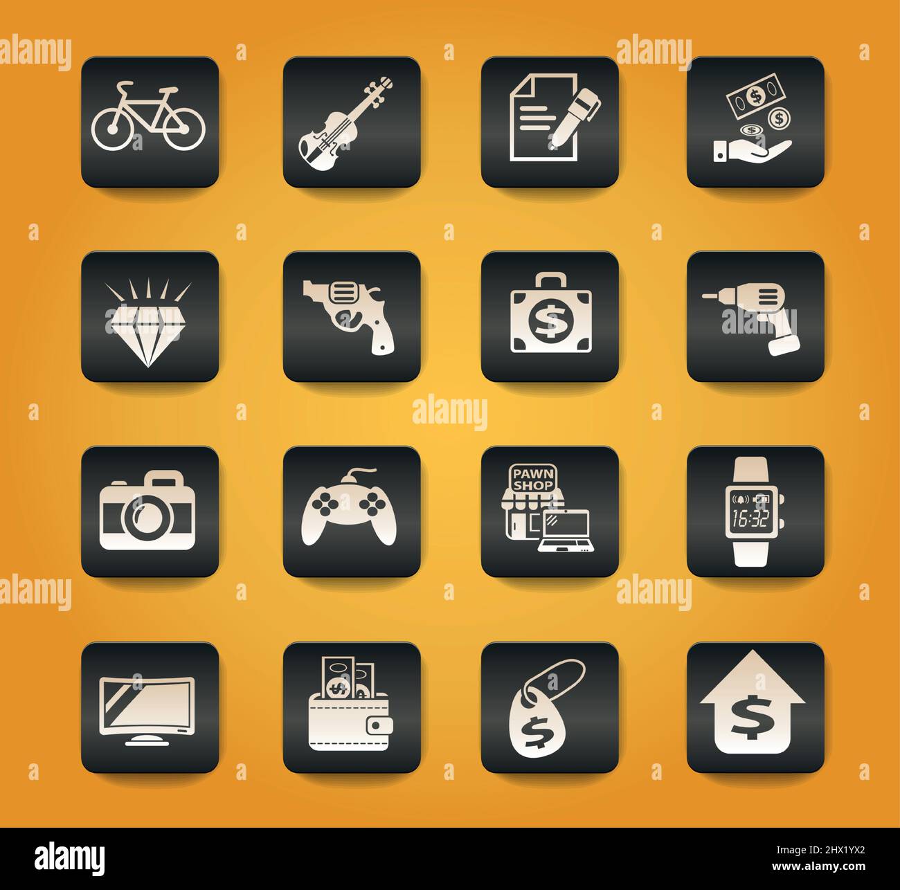 pawn shop symbols on black buttons on yellow background Stock Vector