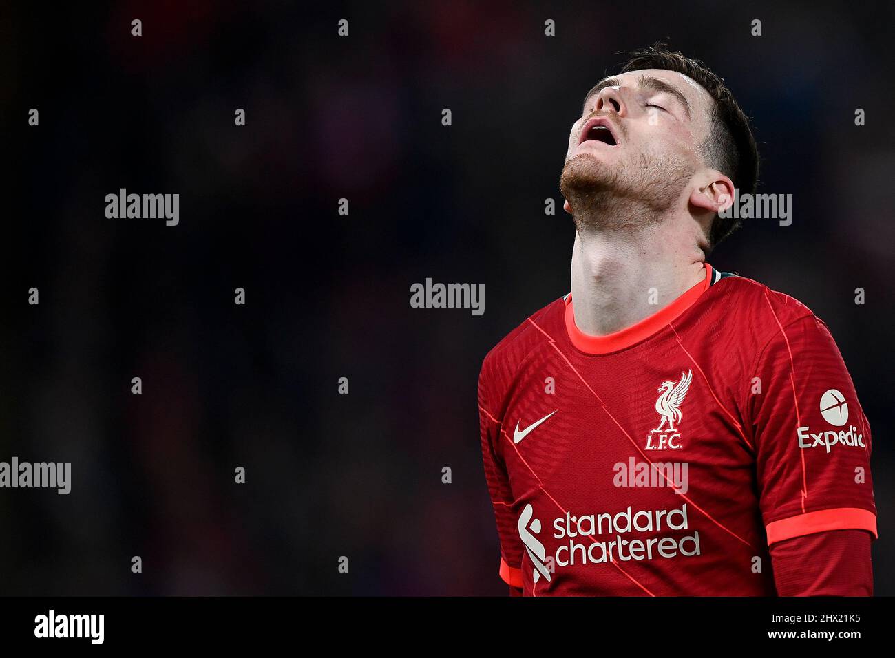 Liverpool, United Kingdom. 08 March 2022. Andrew Robertson of Liverpool FC looks dejected during the UEFA Champions League round of sixteen second leg football match between Liverpool FC and FC Internazionale. Credit: Nicolò Campo/Alamy Live News Stock Photo
