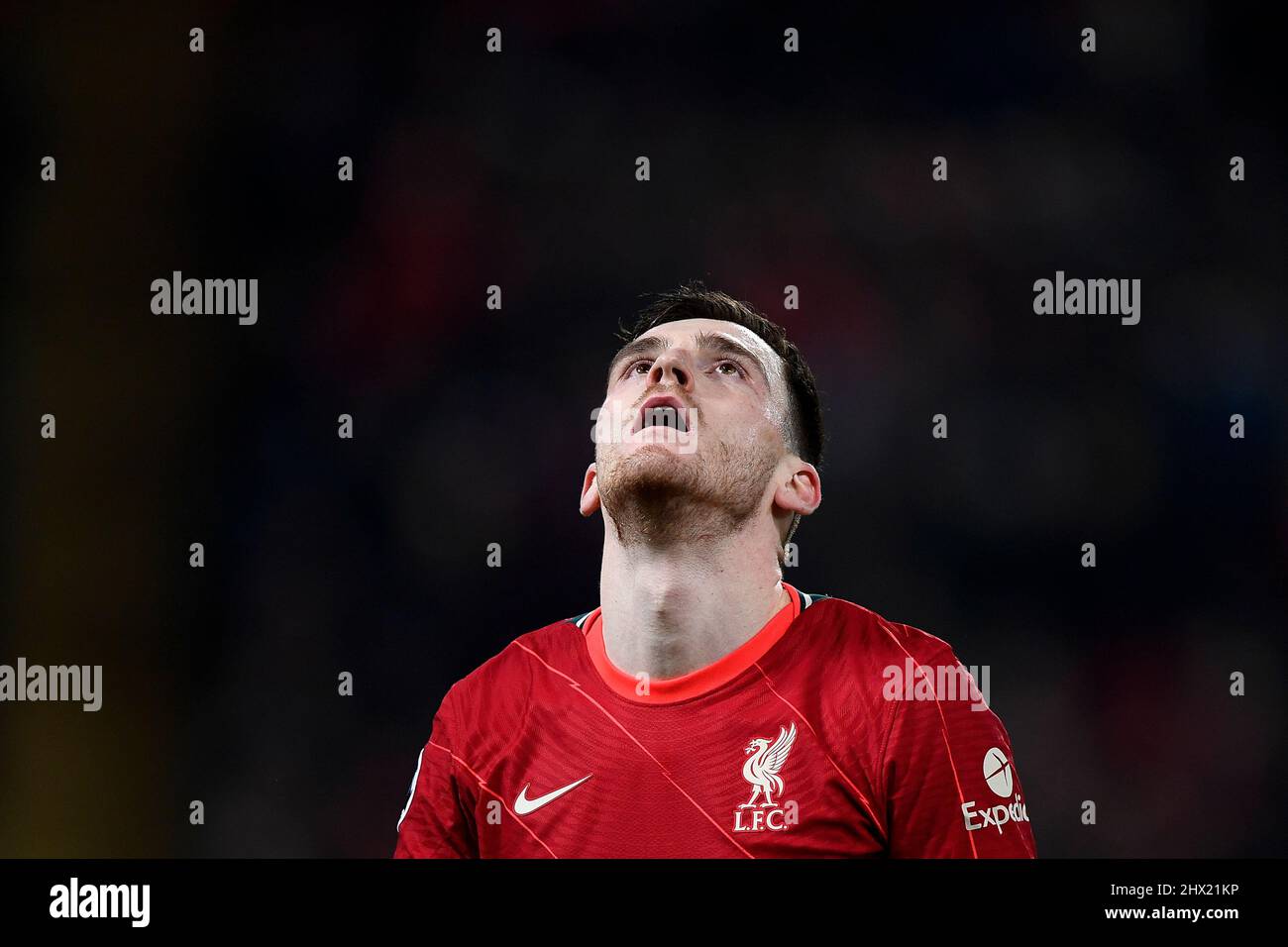 Liverpool, United Kingdom. 08 March 2022. Andrew Robertson of Liverpool FC looks dejected during the UEFA Champions League round of sixteen second leg football match between Liverpool FC and FC Internazionale. Credit: Nicolò Campo/Alamy Live News Stock Photo