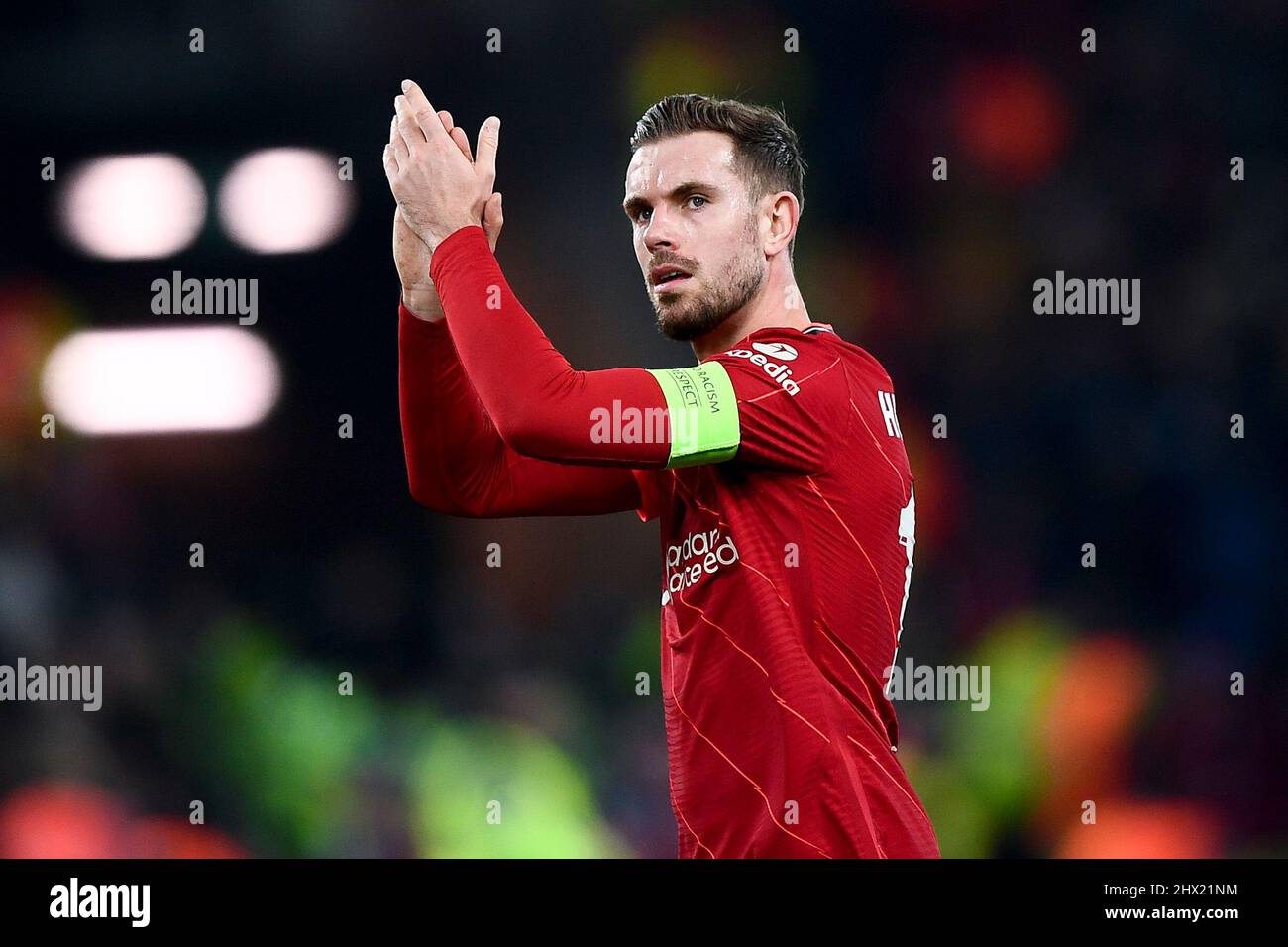 Liverpool, United Kingdom. 08 March 2022. Jordan Henderson of Liverpool FC celebrates at the end of the UEFA Champions League round of sixteen second leg football match between Liverpool FC and FC Internazionale. Credit: Nicolò Campo/Alamy Live News Stock Photo