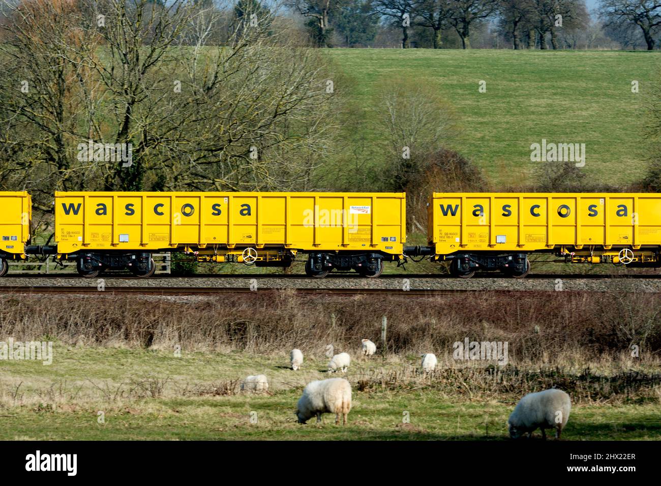Wascosa wagons on a Network Rail ballast train, Warwickshire, UK Stock Photo