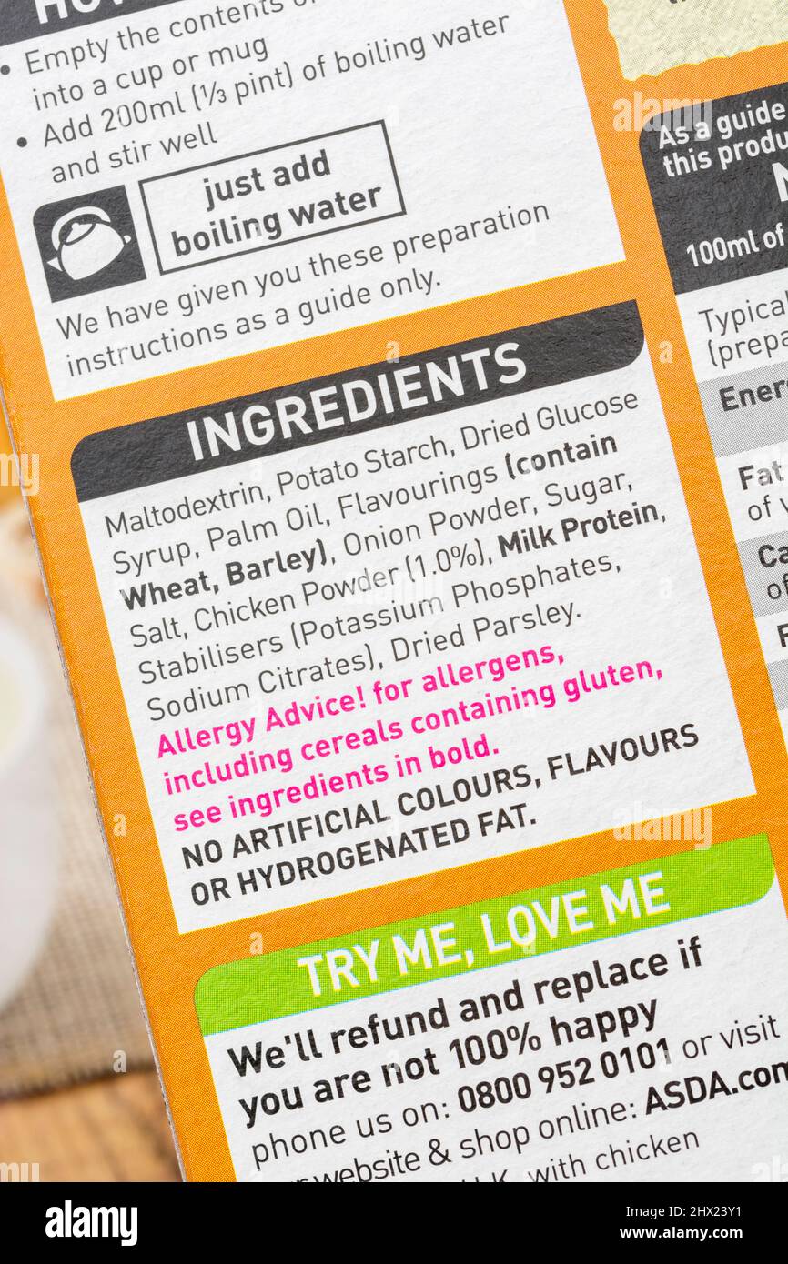 Closeup shot food nutrition / dietary label on packet of ASDA own