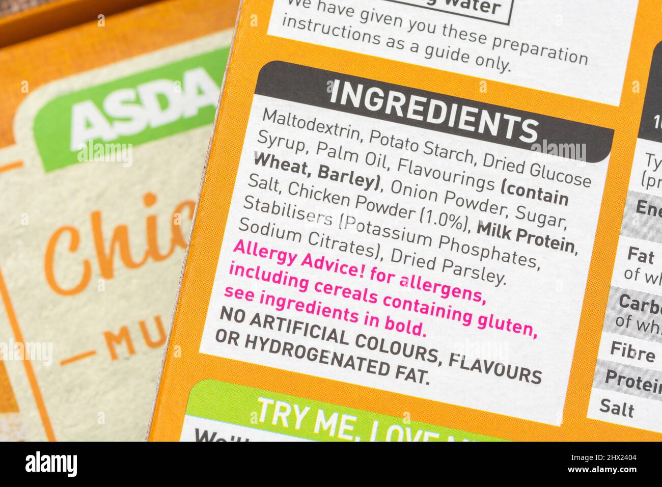 Close-up shot food nutrition / dietary label on packet of ASDA own ...