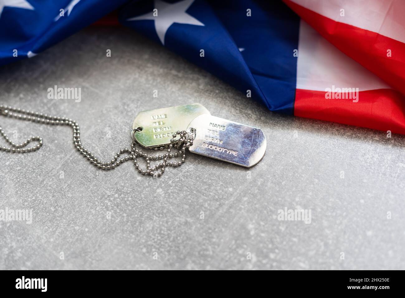 America United States flag and chain dog tags, military symbolizing ...