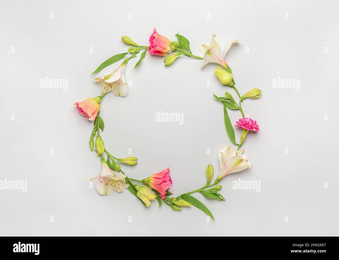 Frame made of alstroemeria, eustoma and carnation flowers on white ...