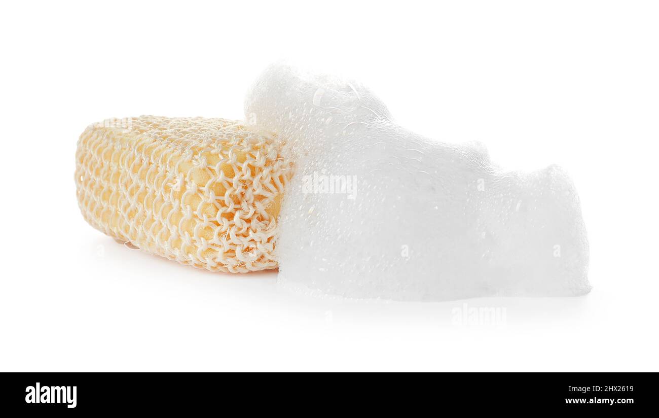 Bath sponge with foam on white background Stock Photo - Alamy