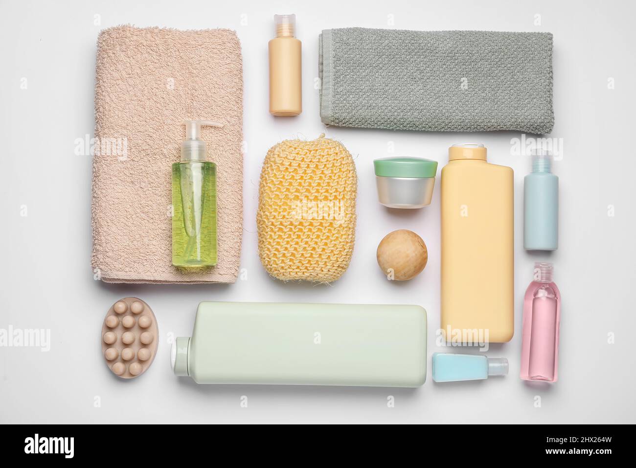 Set of bath accessories and cosmetics on white background Stock Photo ...