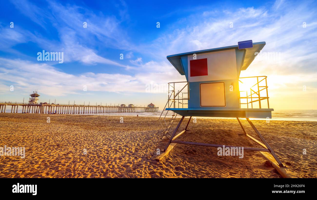 rescue tower at huntington beach during sunset Stock Photo Alamy