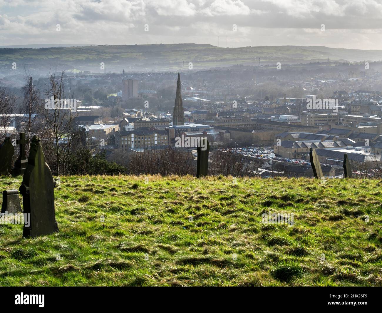 View over Halifax and the graveyard of St Thomas the Apostle Church on Claremount Road Halifax West Yorkshire England Stock Photo