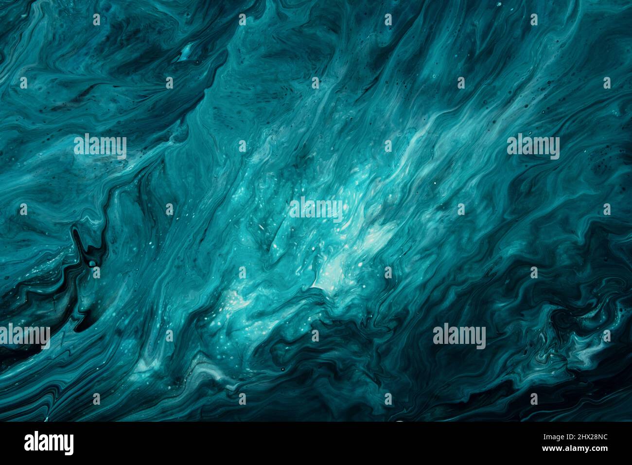 Fluid Art. Liquid dark turquoise abstract drips and wave. Marble effect background or texture. Stock Photo