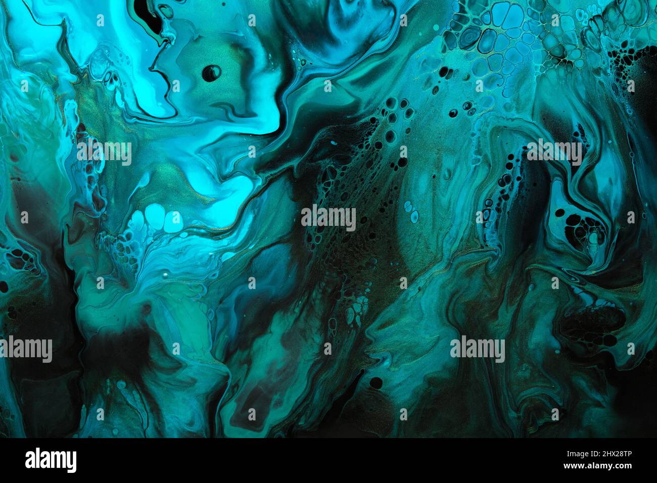 Fluid Art. Green and blue abstract wave swirls on black background ...