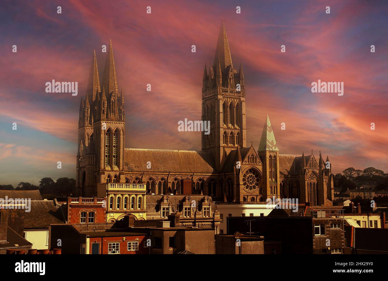 Sunset over Truro cathedral in Cornwall, England Stock Photo