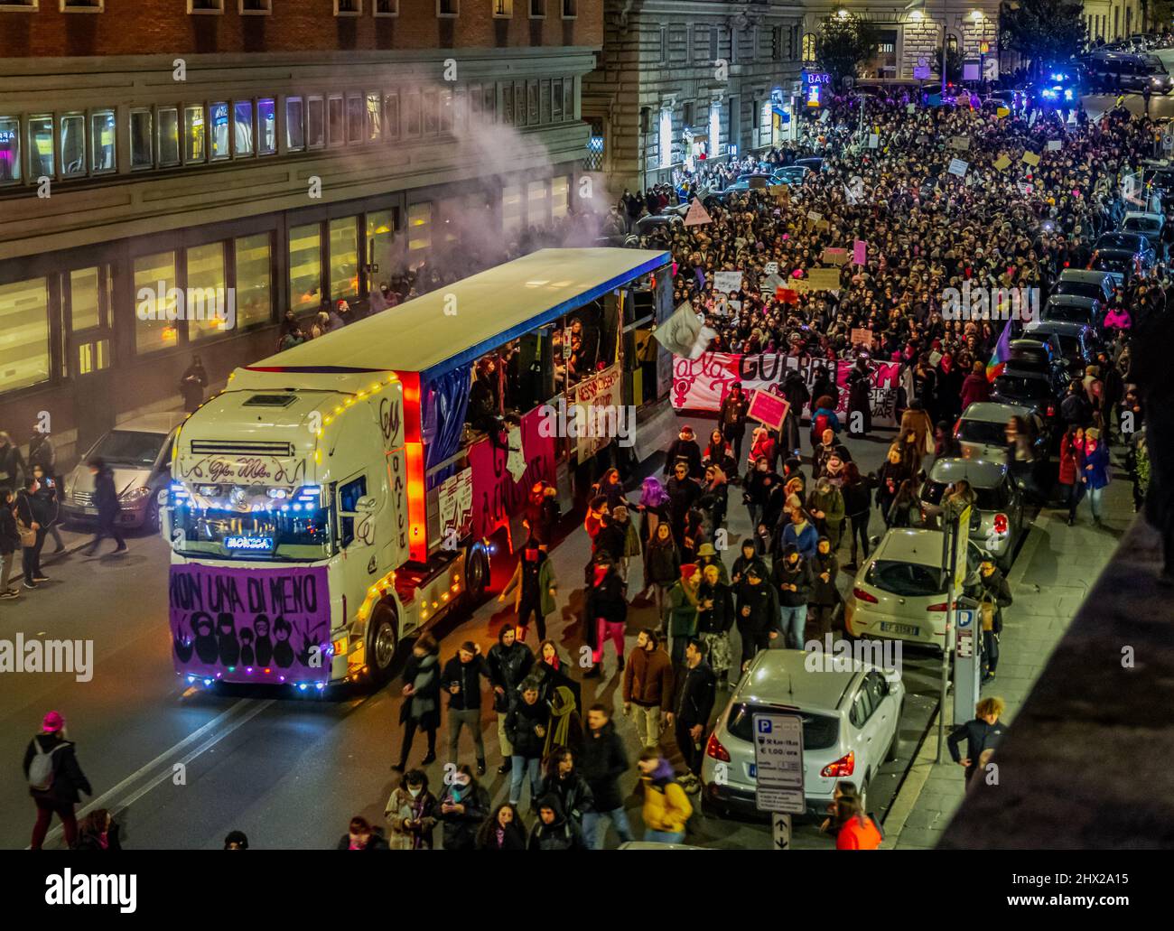 Women's day celebration march in the historic center of Rome. Furthermore, it is marching against homophobia, transphobia and gender-based violence. Stock Photo