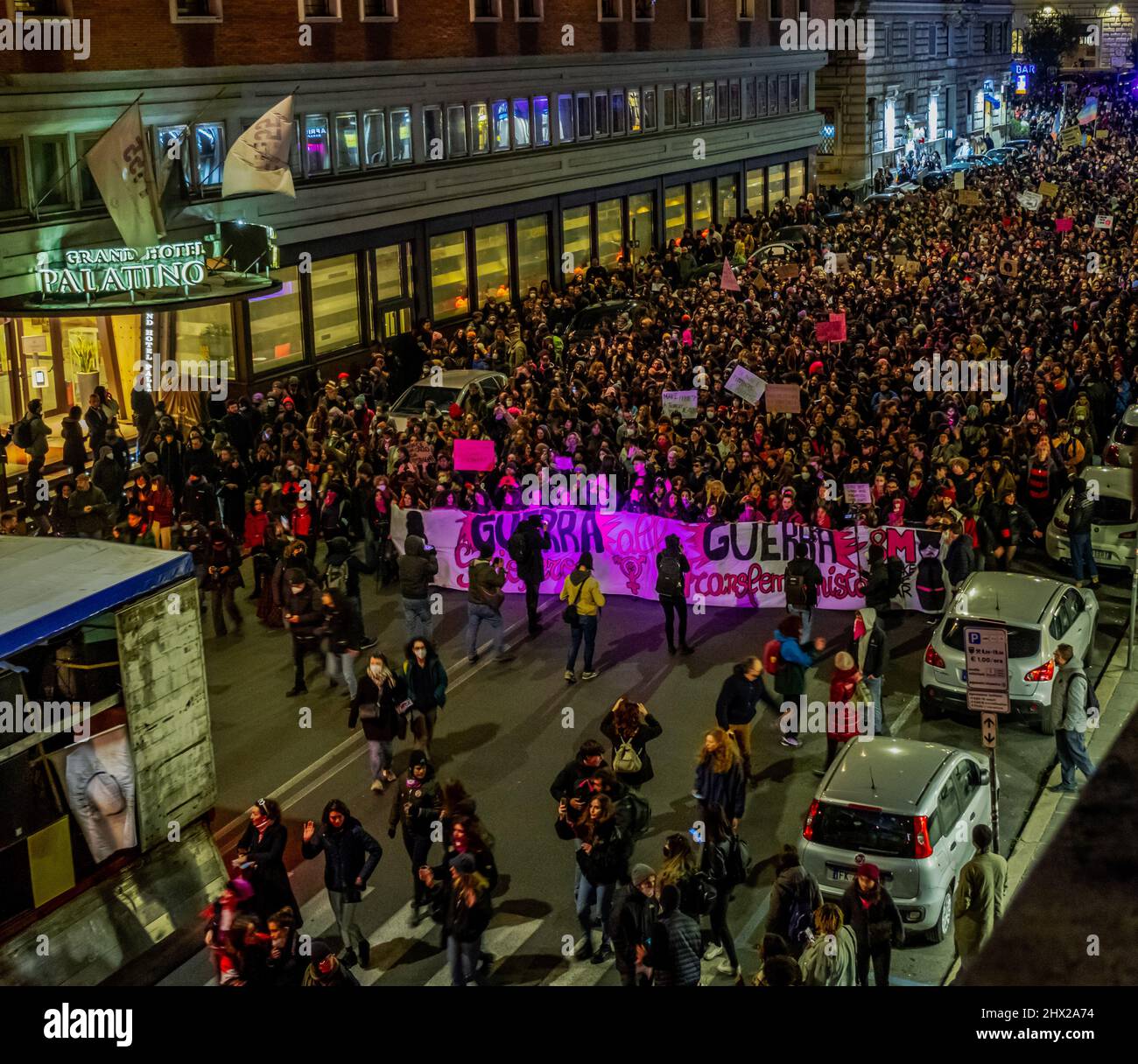 Women's day celebration march in the historic center of Rome. Furthermore, it is marching against homophobia, transphobia and gender-based violence. Stock Photo